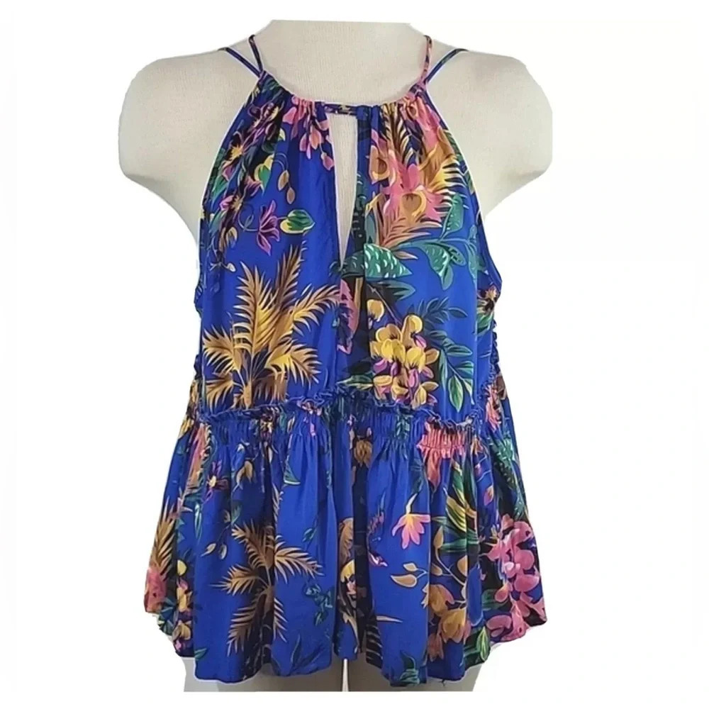 RACHEL ROY Top Womans Small Blue Floral Drawstring Halter Flowy Top